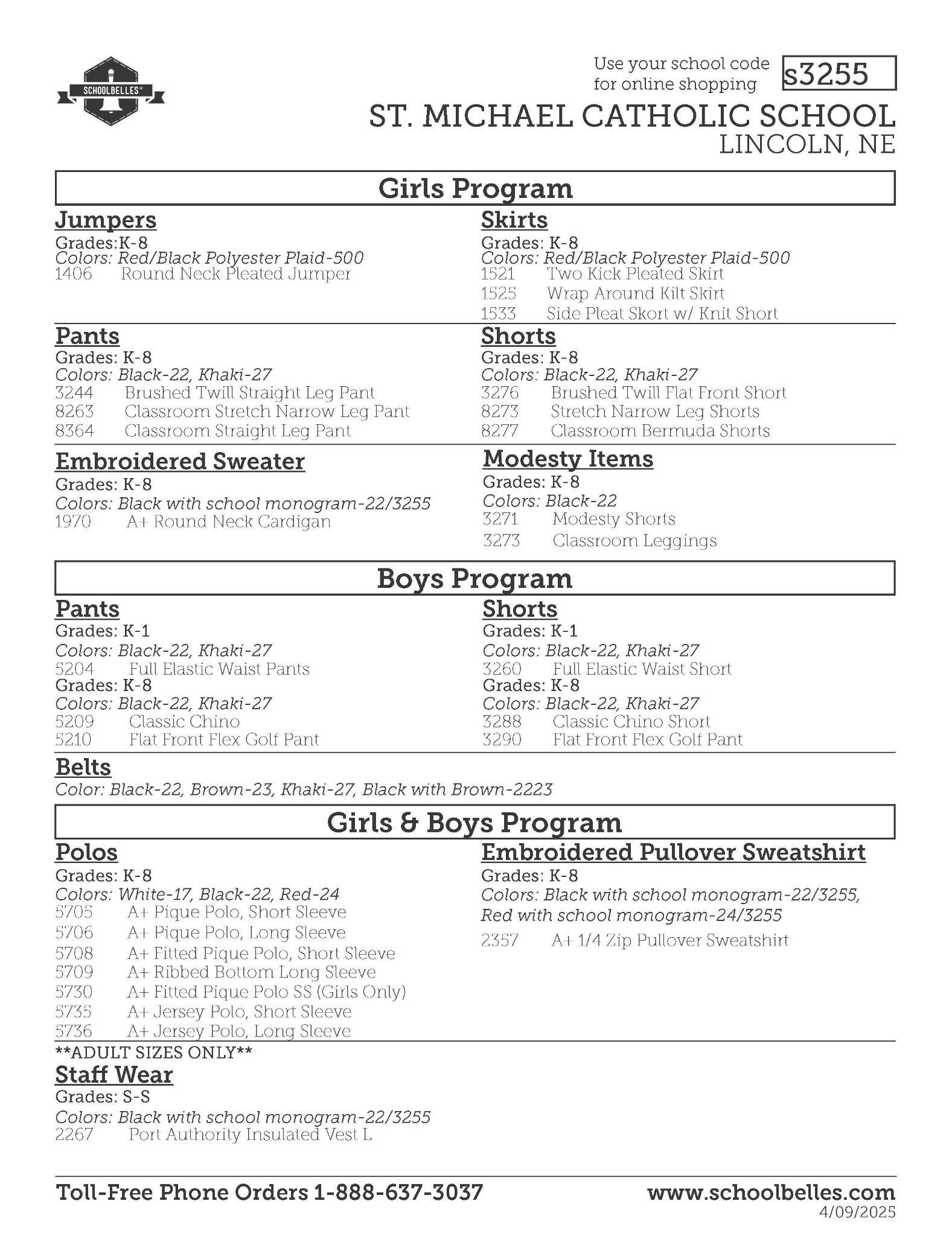 School belles uniform list